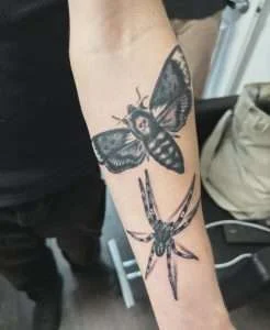 Moth and spider forearm tattoo in fine-line black and grey, tattooed at Nu Nebula Tattoo