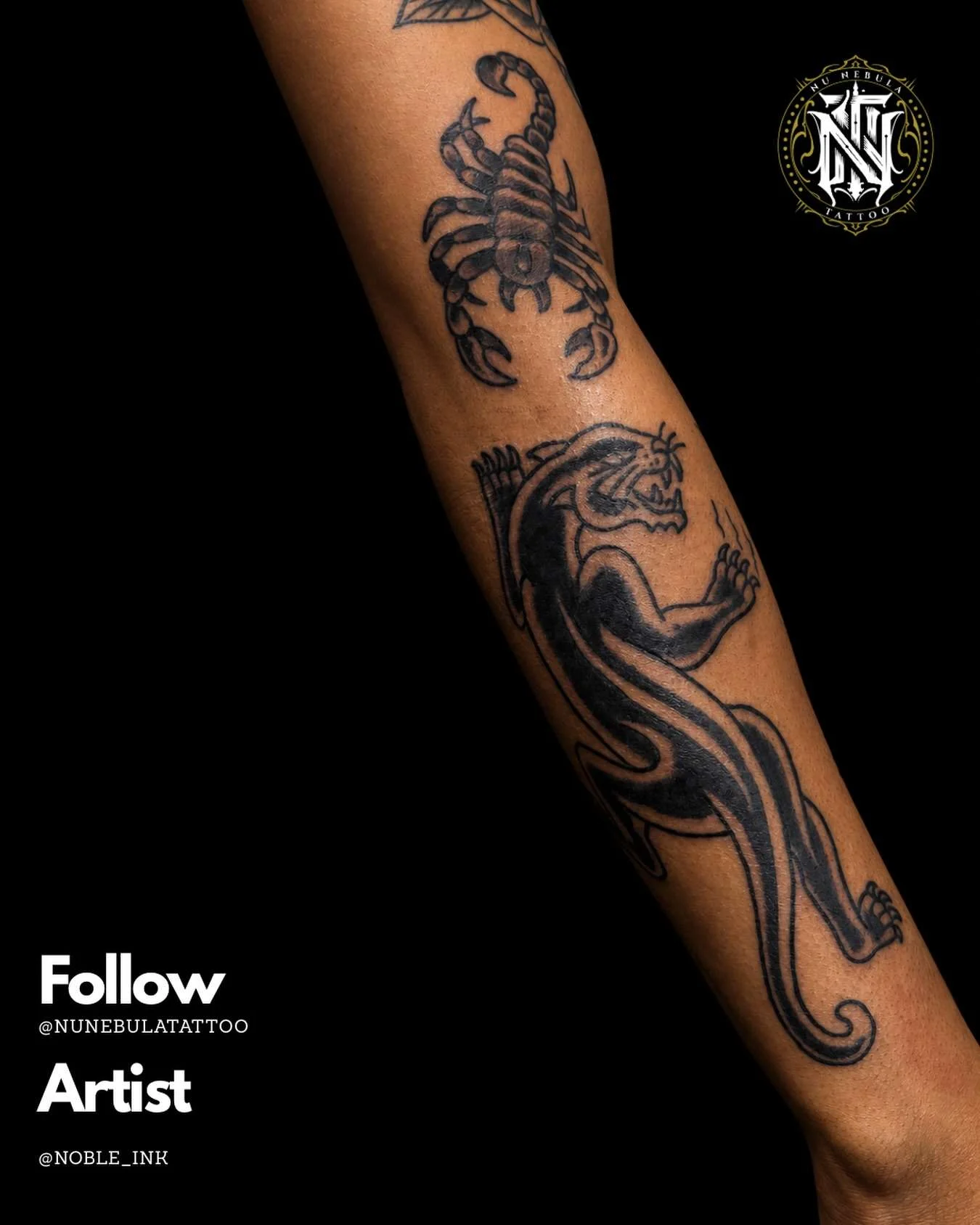 Panther forearm tattoo in black and grey, tattooed by Aaron Noble