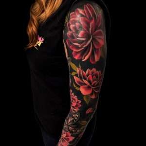 Rose sleeve in full colour, tattooed at Nu Nebula Tattoo