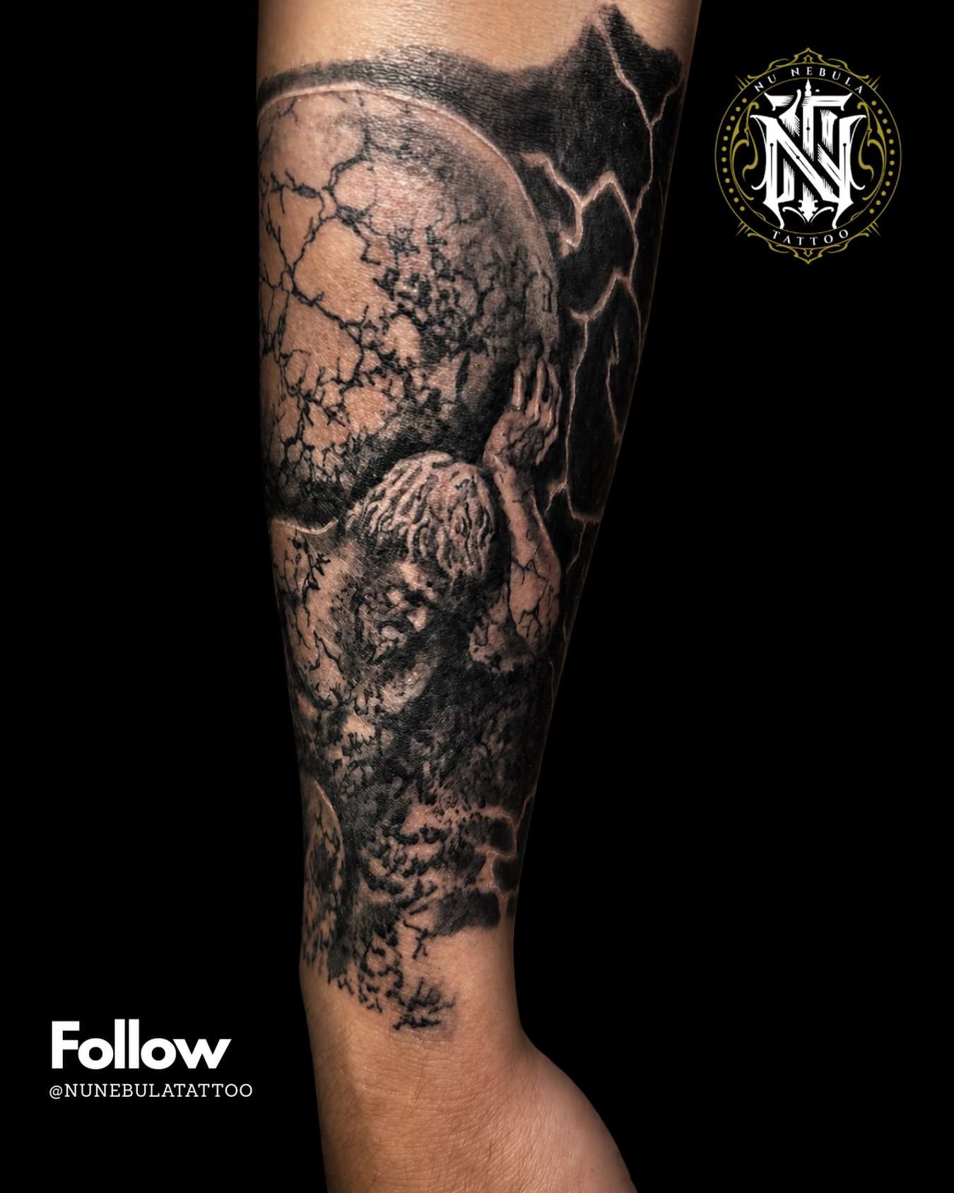 Religious statue sleeve in black and grey realism, tattooed at Nu Nebula Tattoo