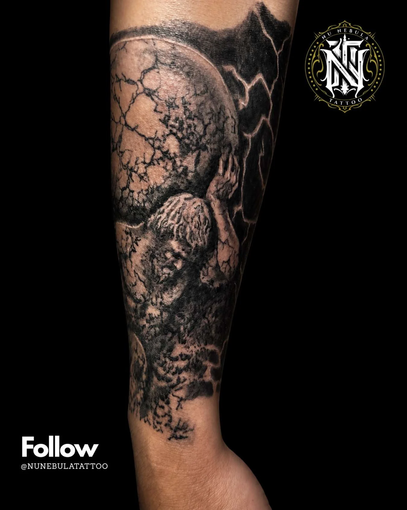 Religious statue sleeve in black and grey realism, tattooed at Nu Nebula Tattoo