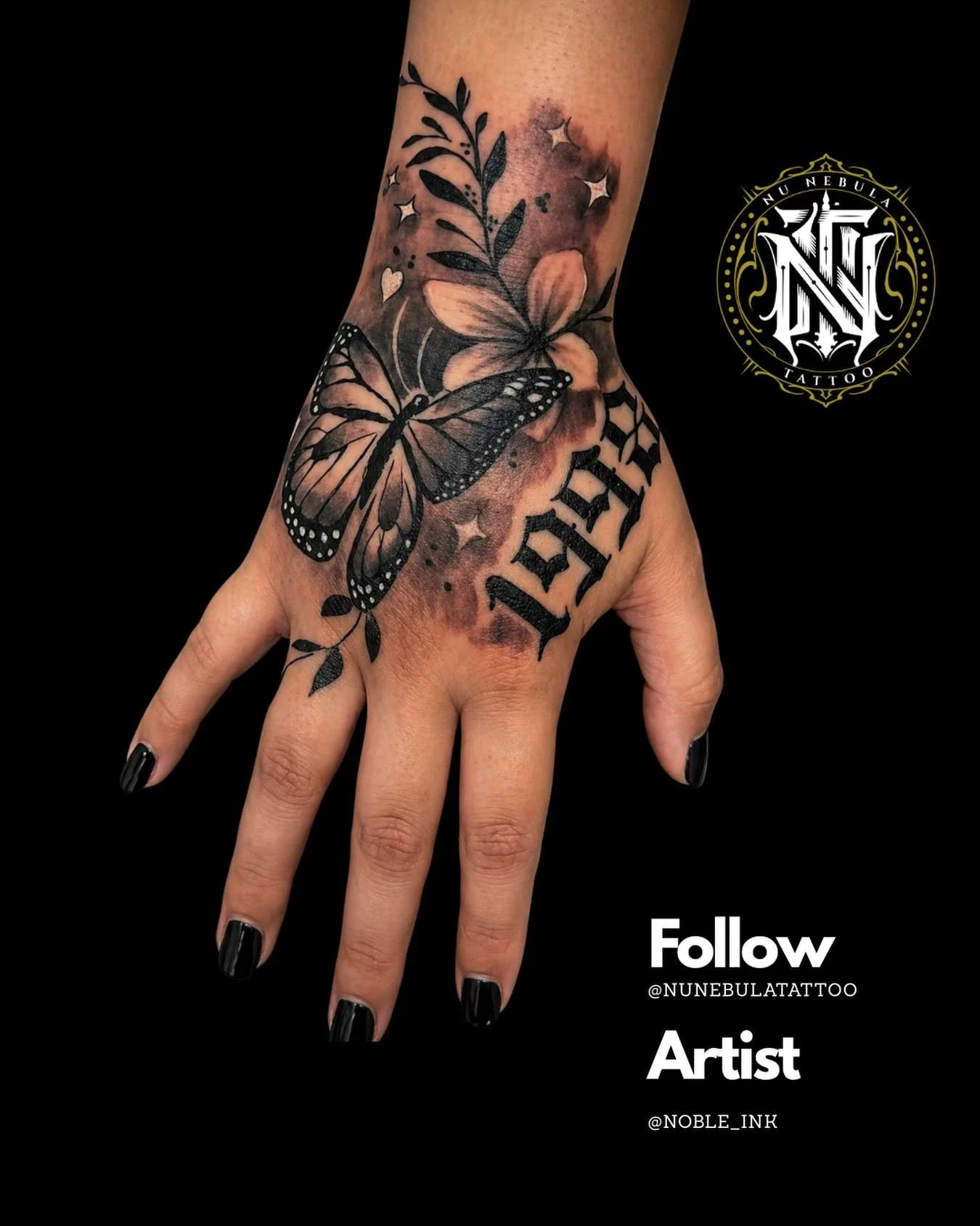 Floral hand tattoo with date lettering in fine line, tattooed by Aaron Noble