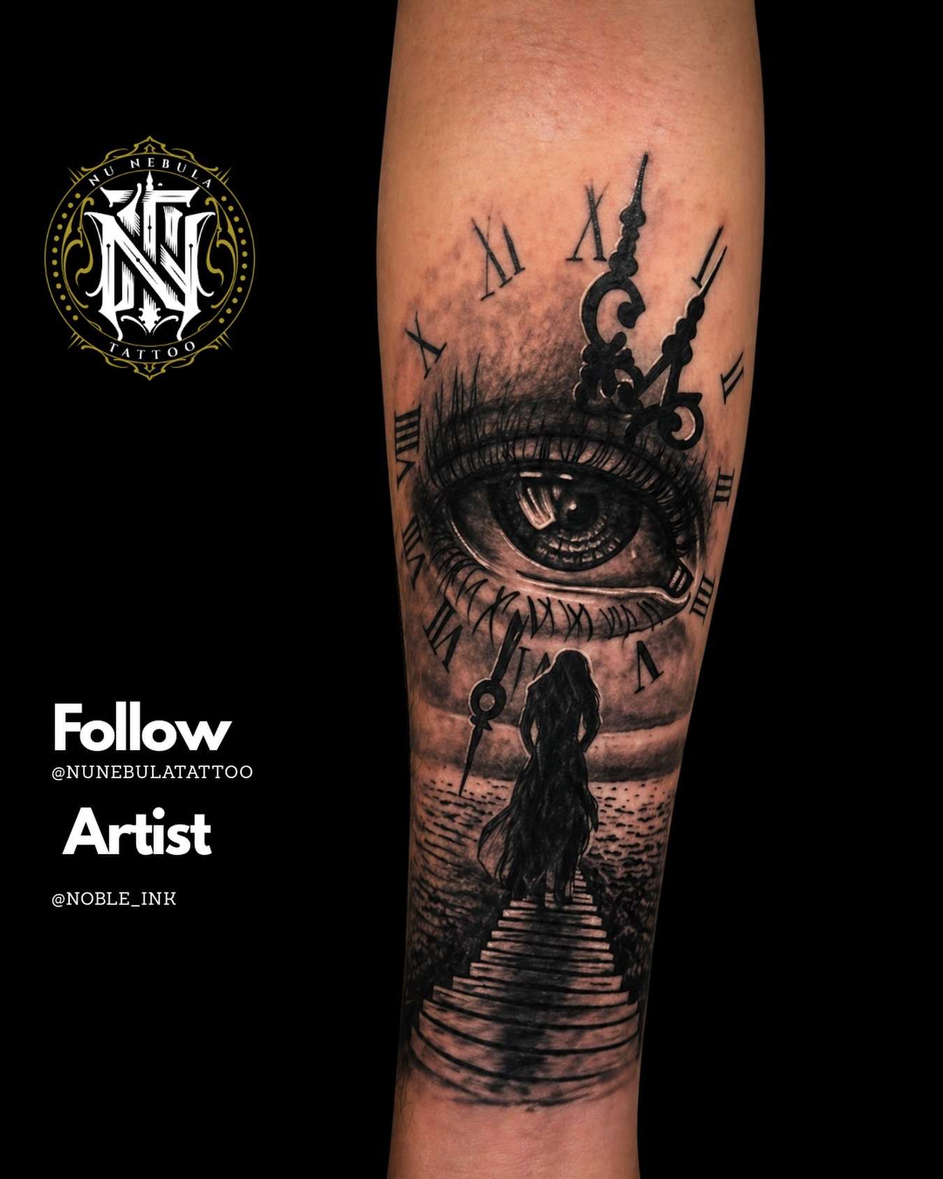 Eye and stairway forearm tattoo in black and grey, tattooed by Aaron Noble