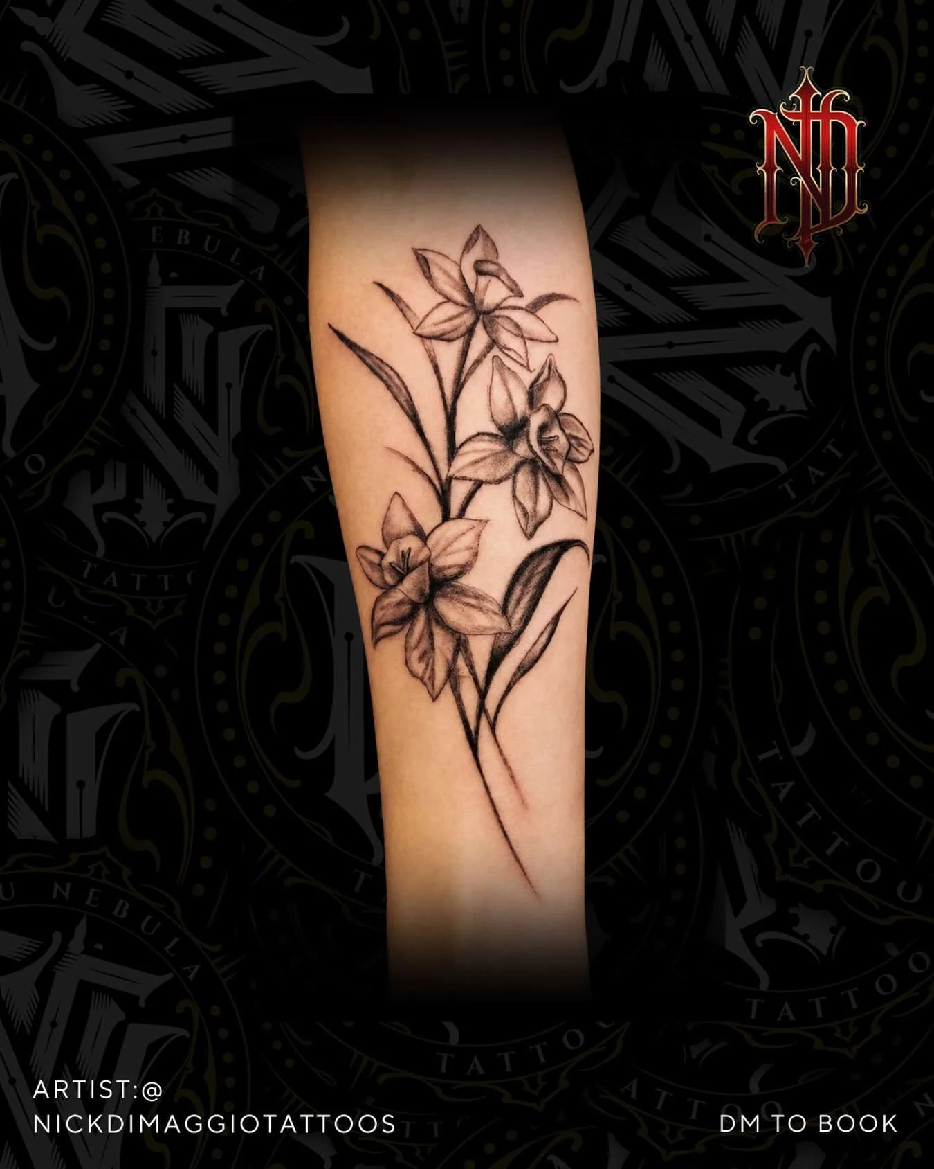 Small floral forearm tattoo in fine line, tattooed by Nick DiMaggio