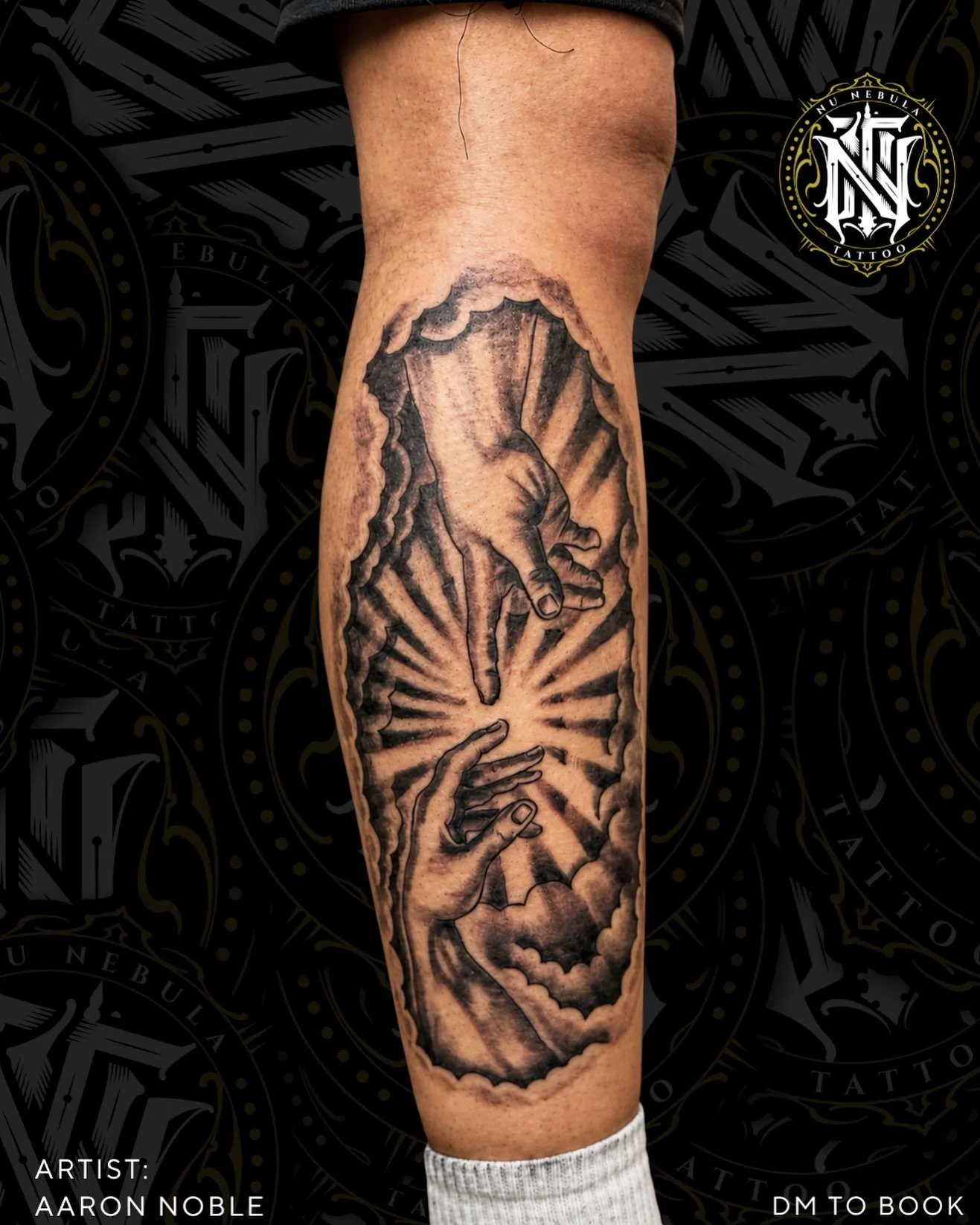 Hourglass and monument calf tattoo in black and grey realism, tattooed by Aaron Noble