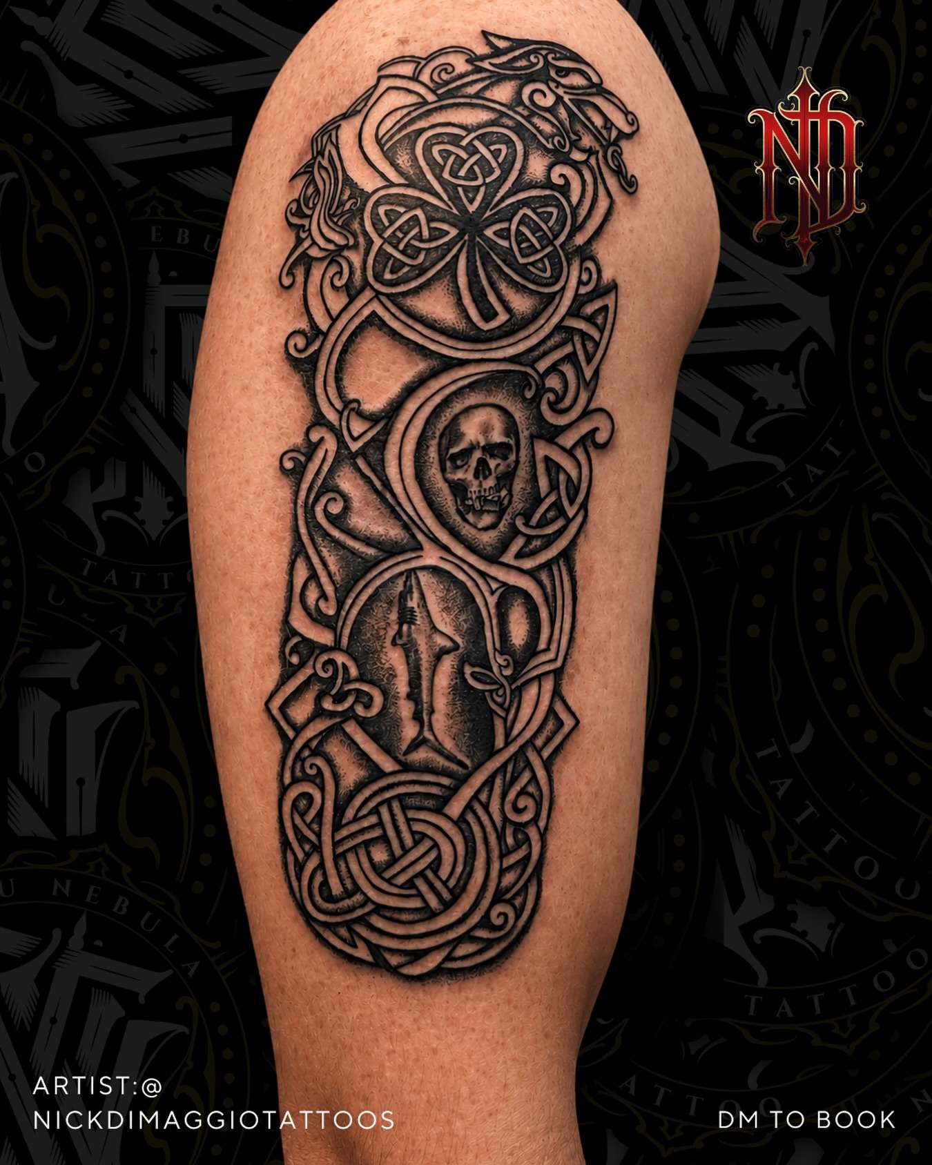 Celtic knotwork and skull sleeve in black and grey, tattooed by Nick DiMaggio