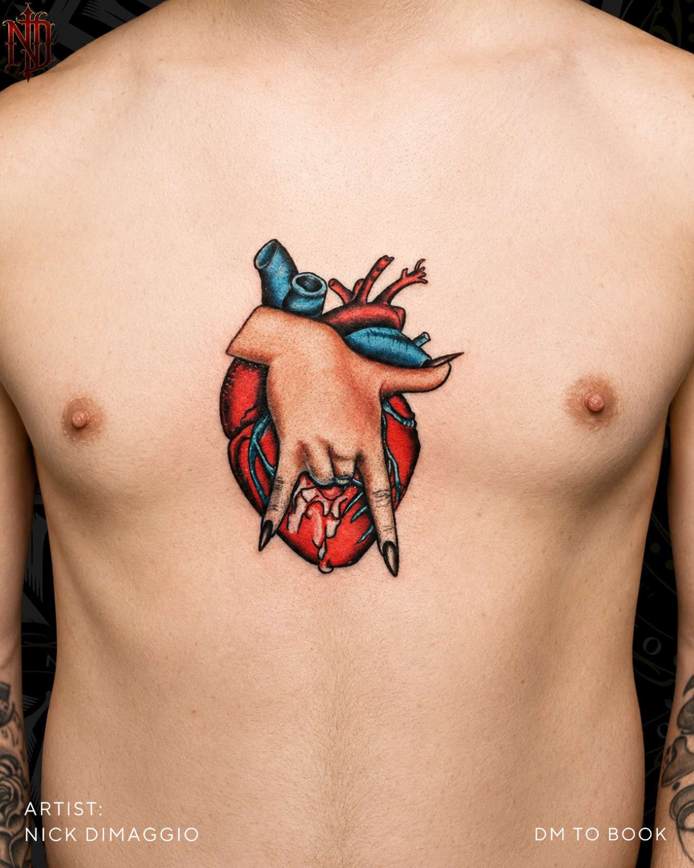 Anatomical heart chest tattoo in colour, tattooed by Nick DiMaggio