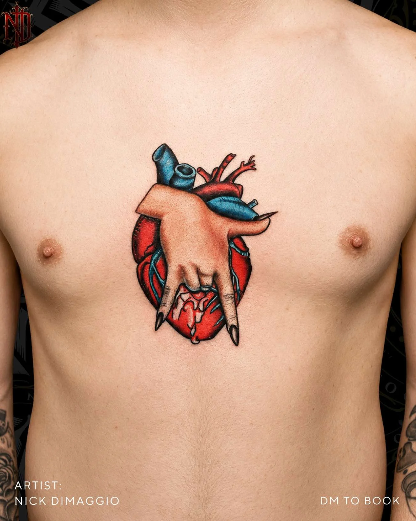 Anatomical heart chest tattoo in colour, tattooed by Nick DiMaggio
