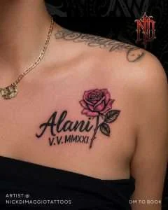 Rose and name script across the collarbone in colour, tattooed by Nick DiMaggio