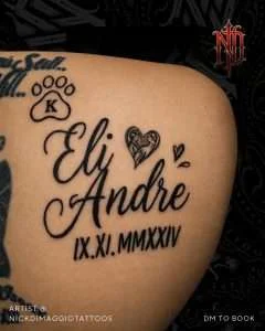 Name script lettering on the hip in fine line, tattooed by Nick DiMaggio