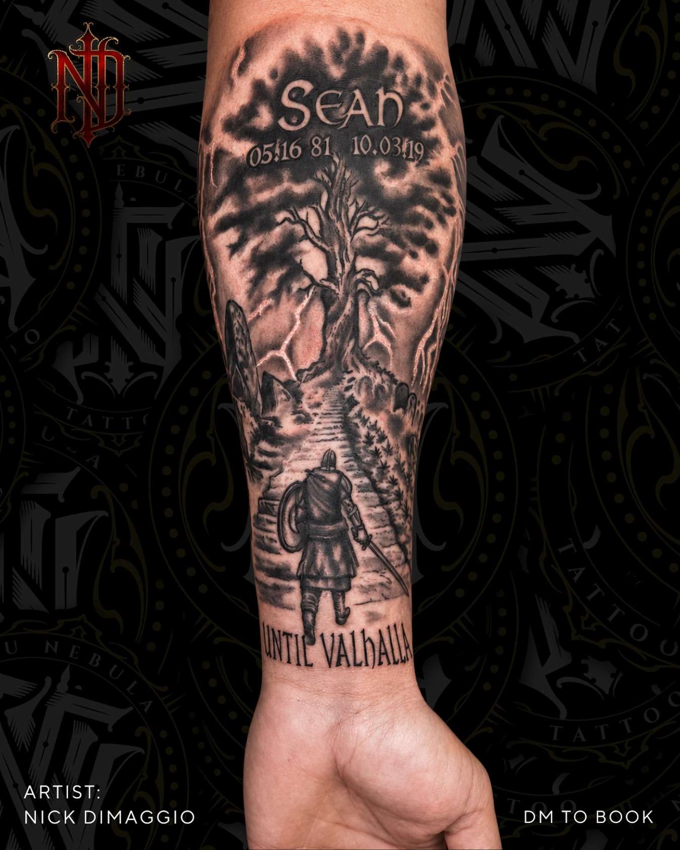 Norse-themed forearm sleeve in black and grey, tattooed by Nick DiMaggio