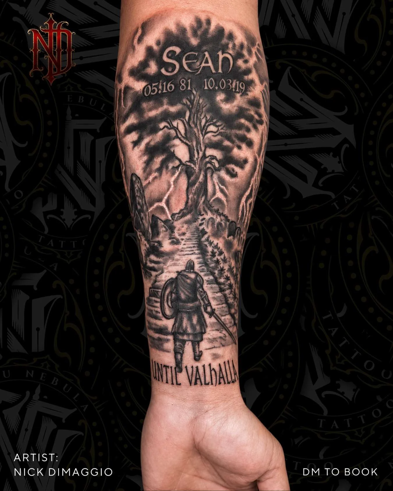 Norse-themed forearm sleeve in black and grey, tattooed by Nick DiMaggio