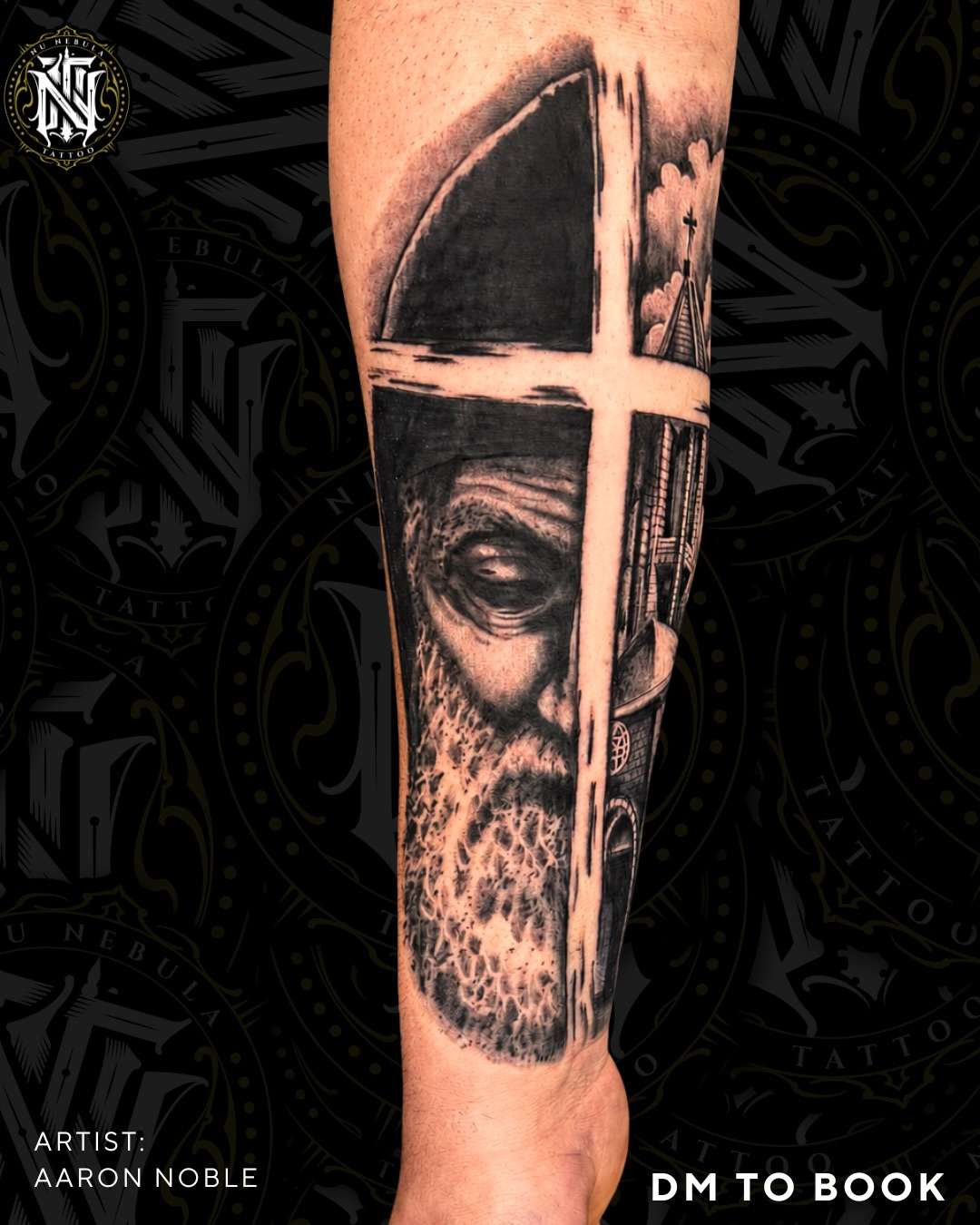 Christ portrait forearm tattoo in black and grey realism, tattooed by Aaron Noble