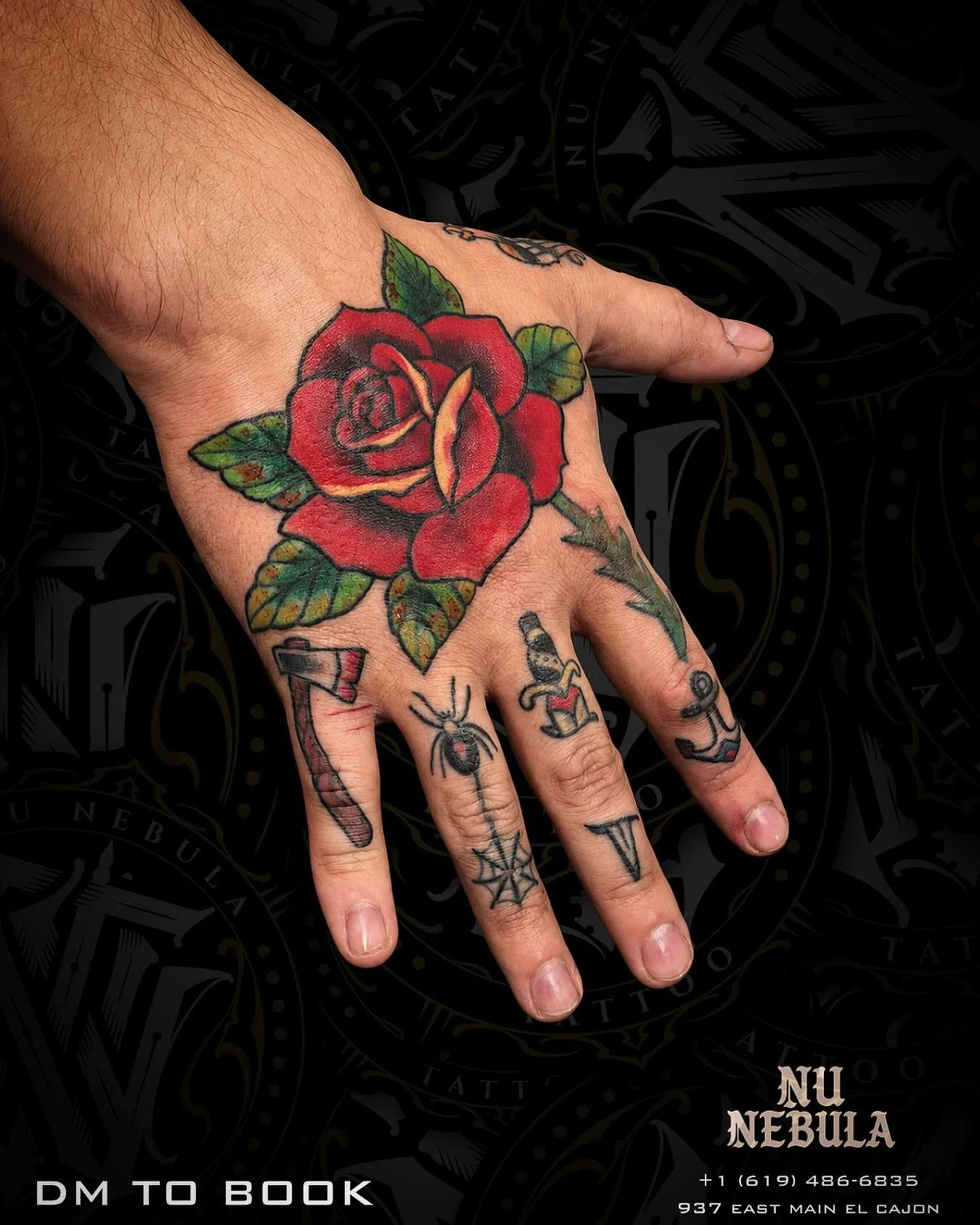 Rose and hand tattoos in full colour, tattooed by Aaron Noble