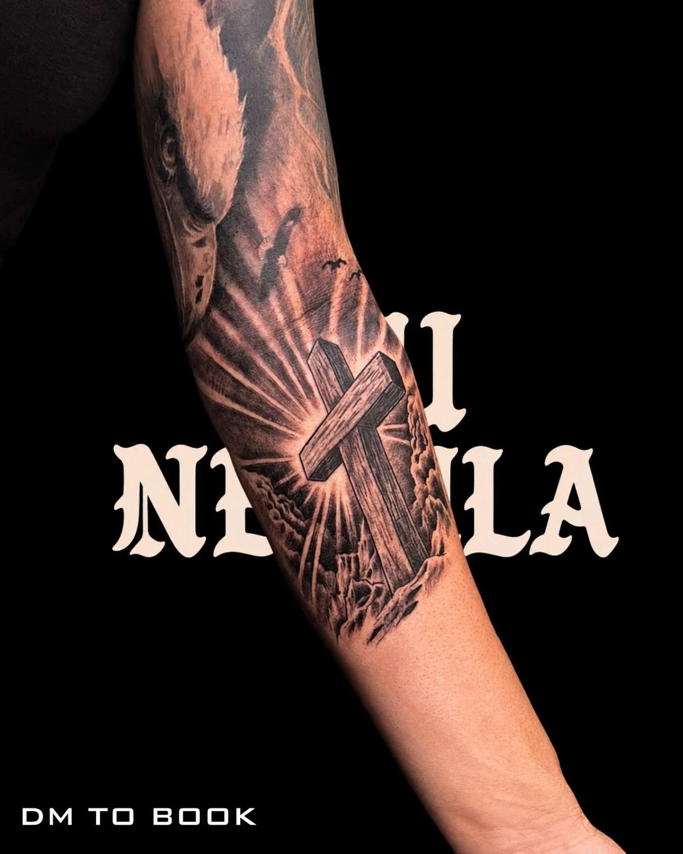 Folding fan forearm tattoo in black and grey, tattooed at Nu Nebula Tattoo