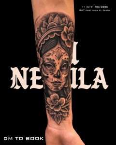 La Catrina sugar skull sleeve in black and grey realism, tattooed by Aaron Noble