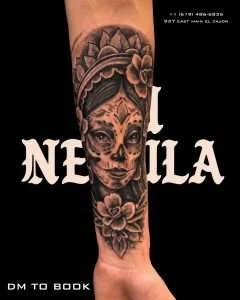 La Catrina sugar skull sleeve in black and grey realism, tattooed by Aaron Noble